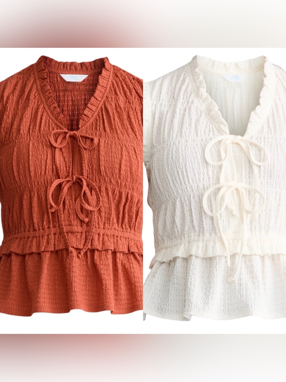 Time and Tru Women's Textured Tie Front Top- rusty bronze/winter white size XS/S